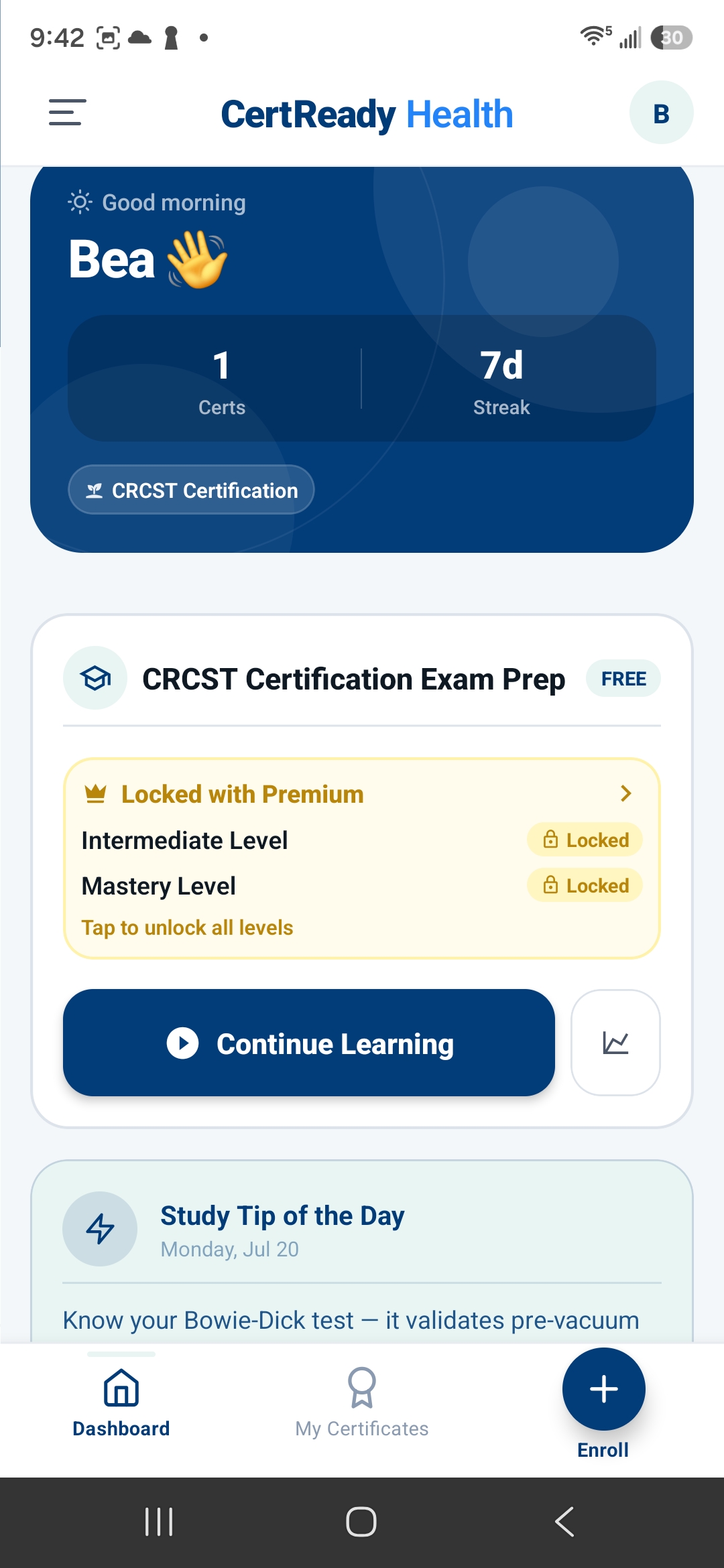 CertReady Health app dashboard showing CRCST Certification Exam Prep, a study streak, and a Continue Learning button.