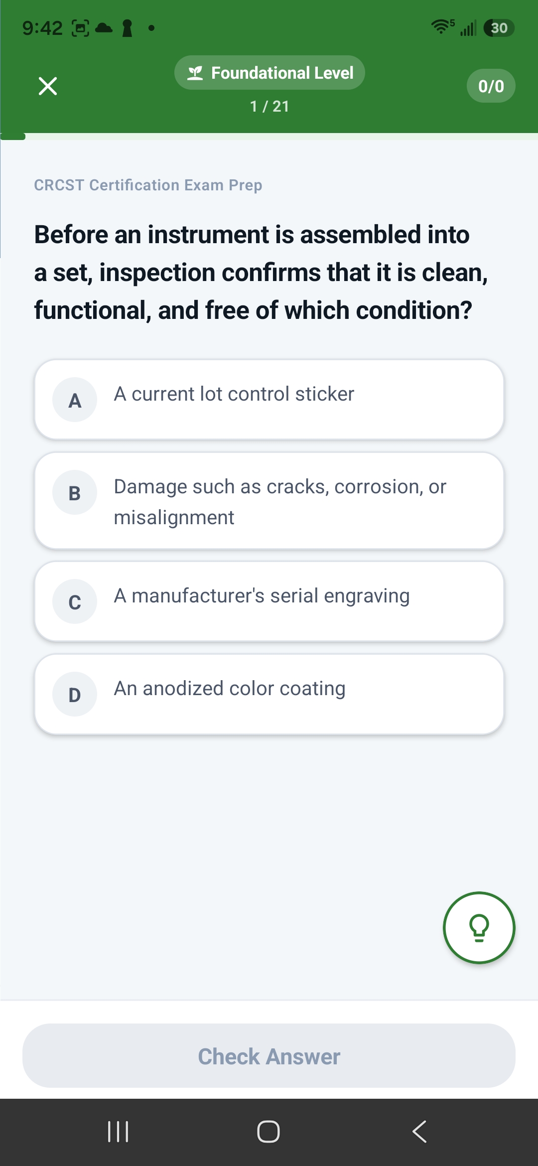 CertReady Health app showing a Foundational-level CRCST practice question with four answer choices.