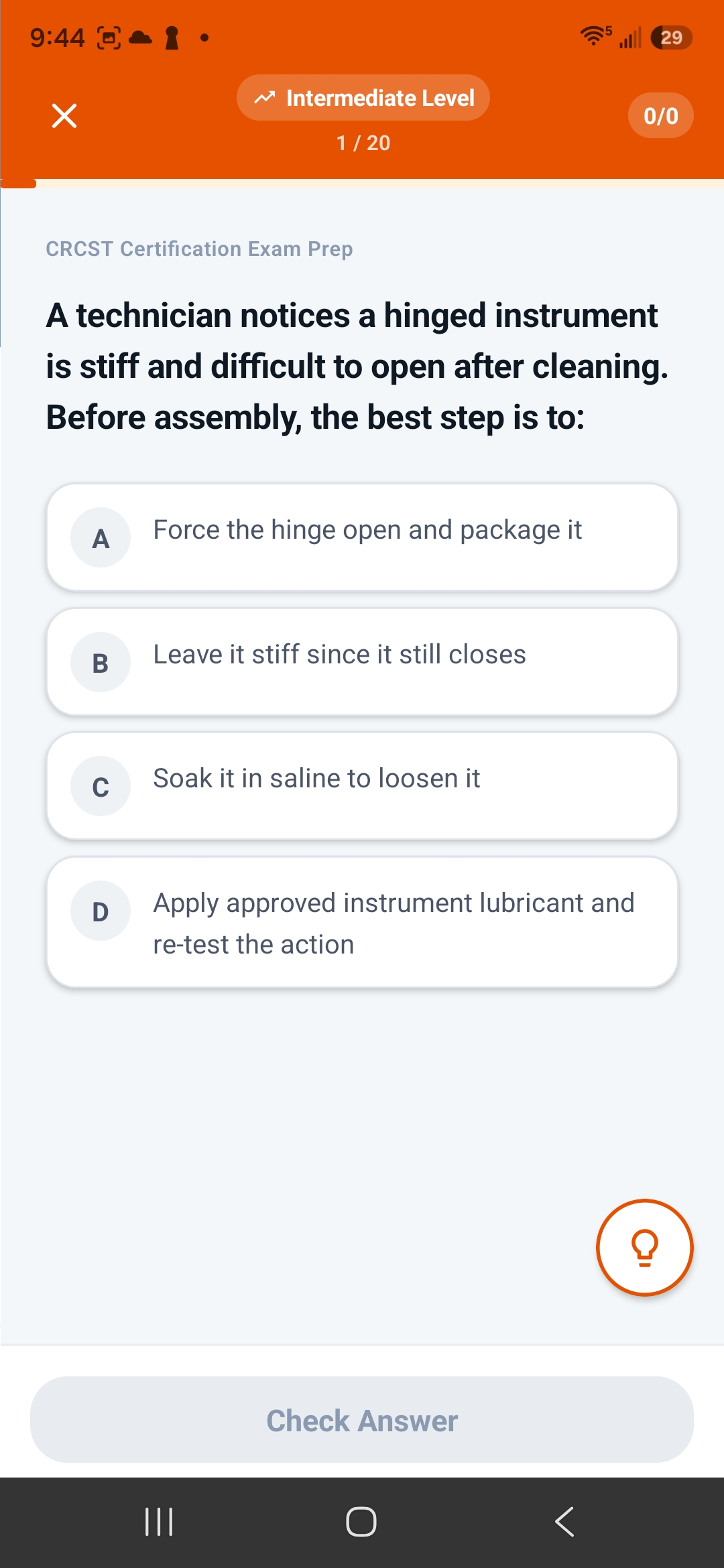 CertReady Health app showing an Intermediate-level CRCST practice question.