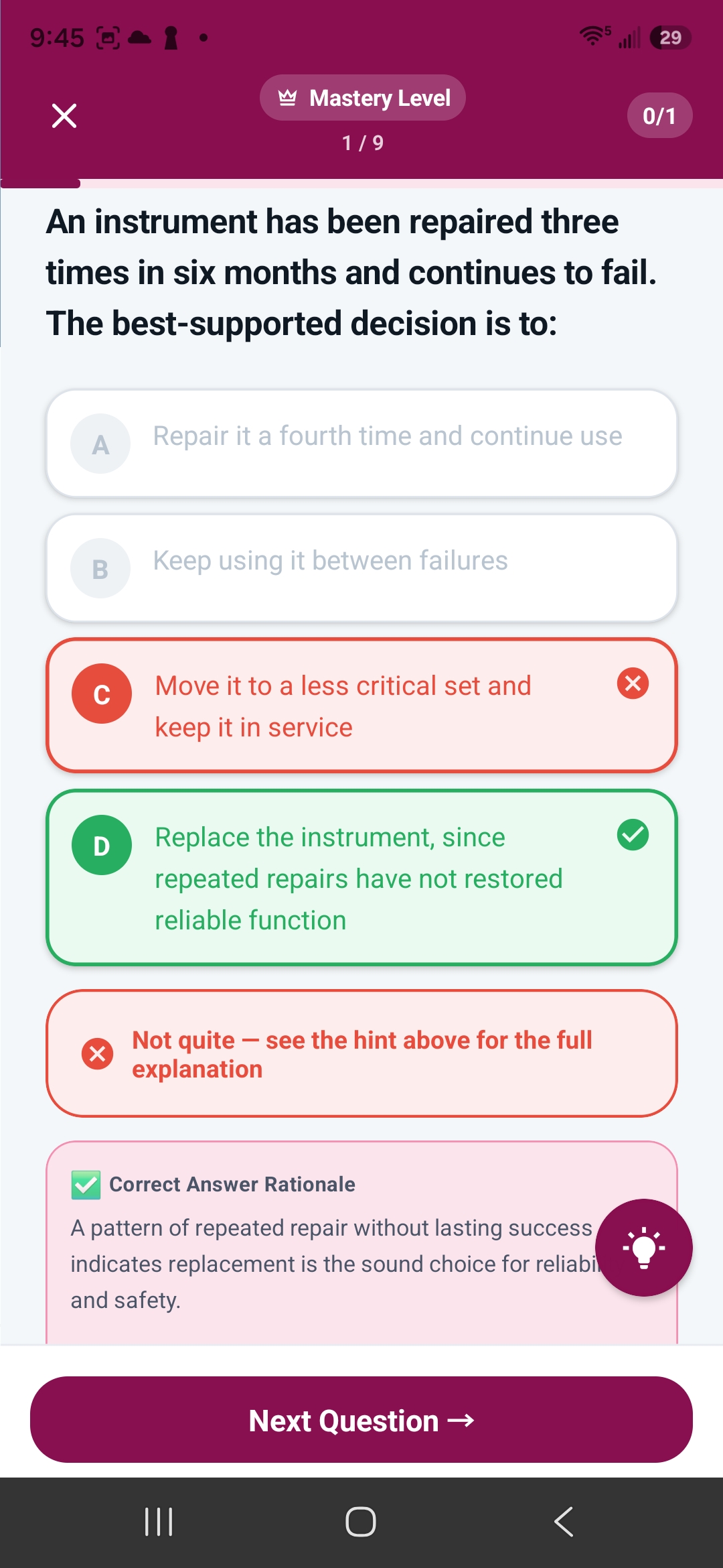 CertReady Health app showing a Mastery-level CRCST question with the correct answer highlighted and an answer rationale.